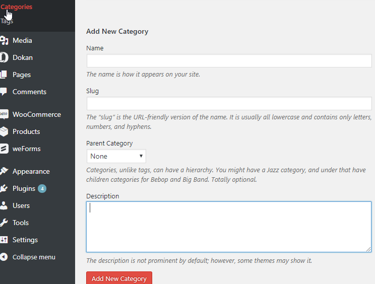 adding categories in WordPress site