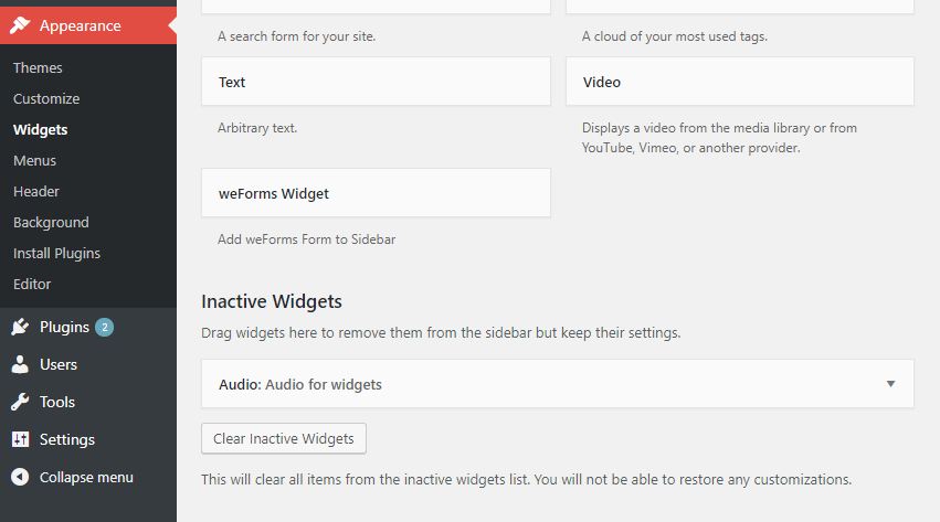 inactive widgets - Adding WordPress Widget