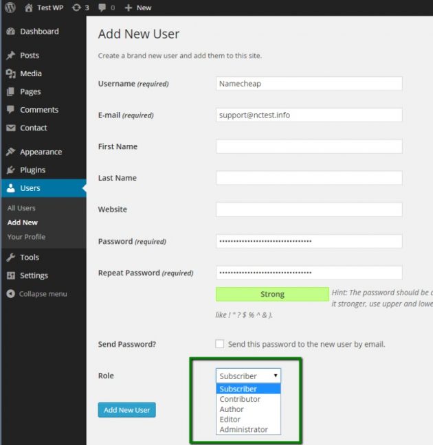 WordPress use roles- dashboard