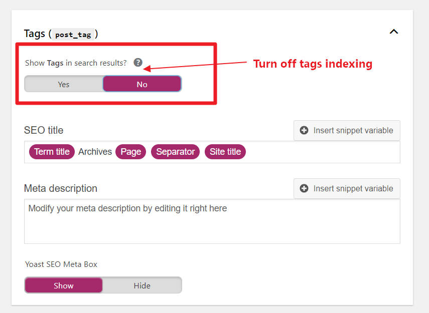 Turn Off Tags Indexing