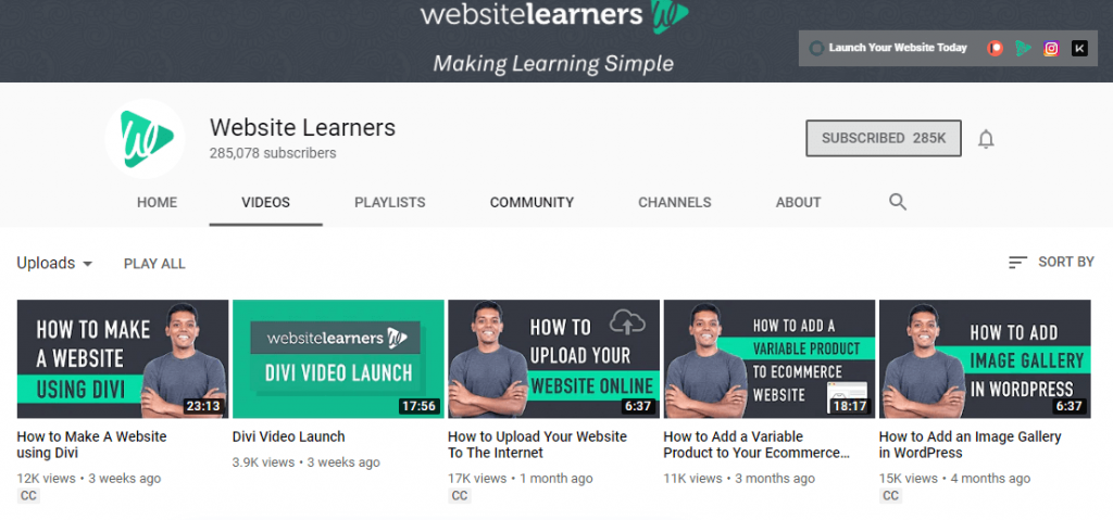 Website Learners WordPress YouTube Channel