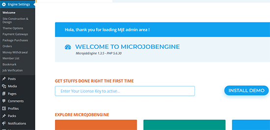 Welcome screen of micro job engine themes