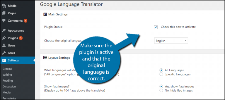 Google Translator Checkbox to Active Plugin