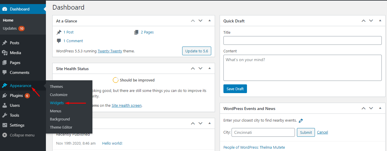 Admin panel Appearance Widgets