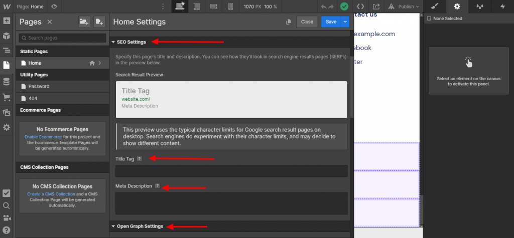 Webflow SEO settings