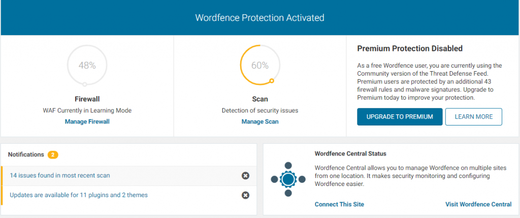 Wordfence dashboard