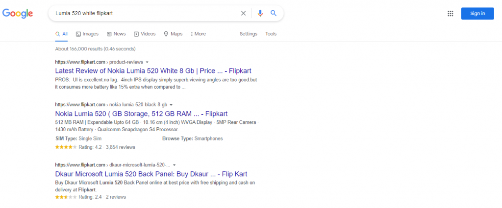Lumia 520 Search Result on Google