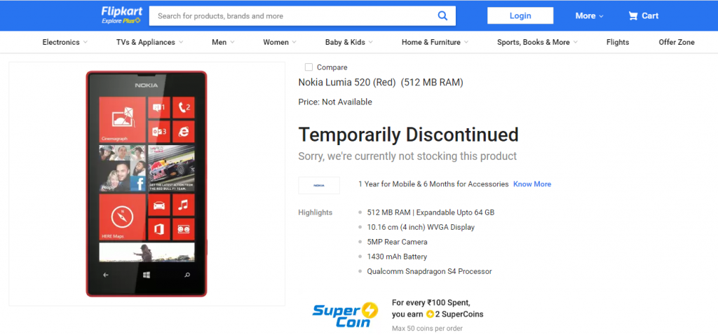 Lumia 520 Product Page on Flipkart