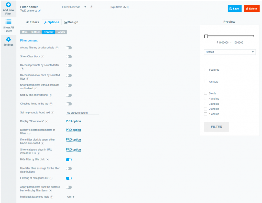 WooCommerce Product Filter Content Settings