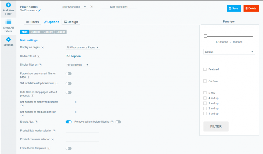 WooCommerce Product Filter Main Settings