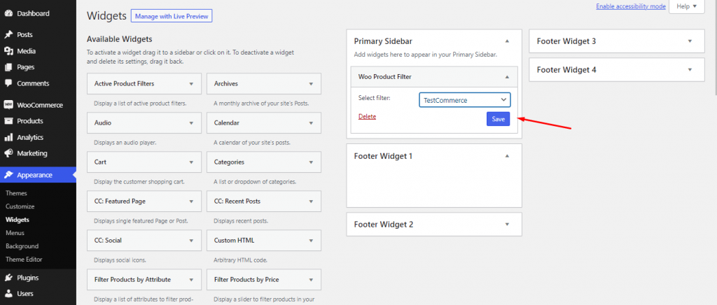 Activating WooCommerce Product Filter Widget