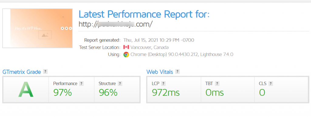 Bricks Builder Performance using GTMetrix