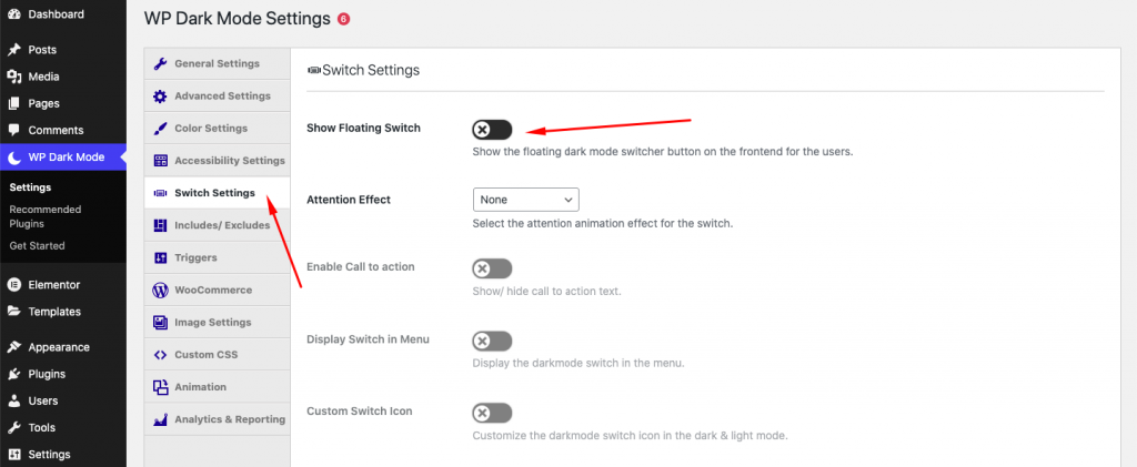 WP Dark Mode Switch Settings