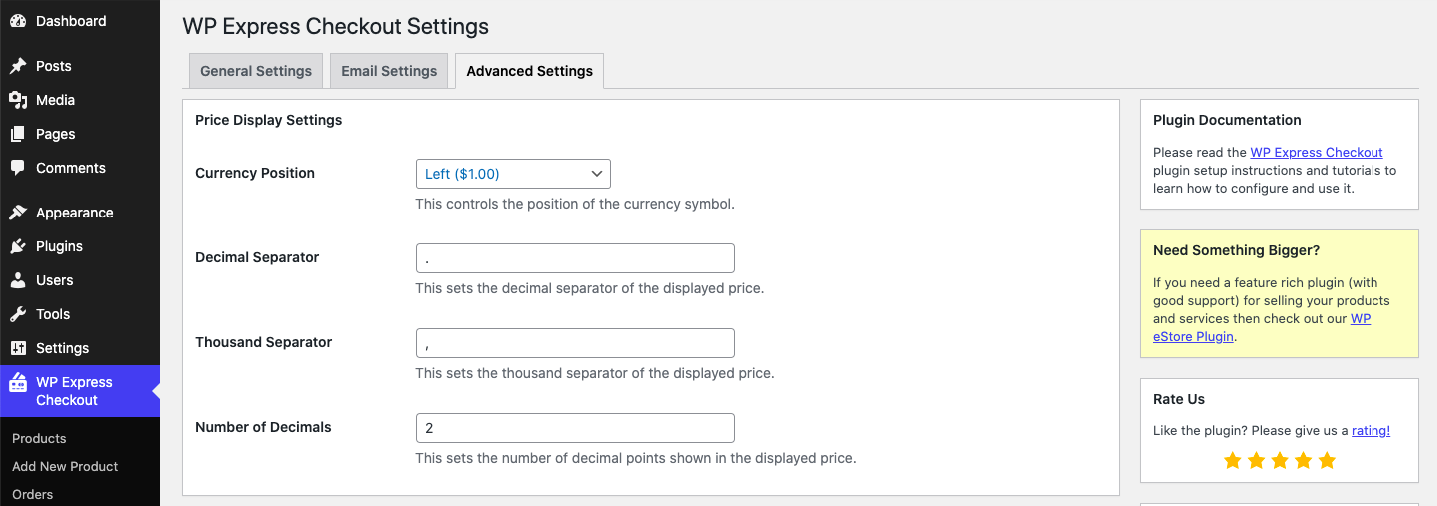 WP Express Checkout Advanced Settings Customization