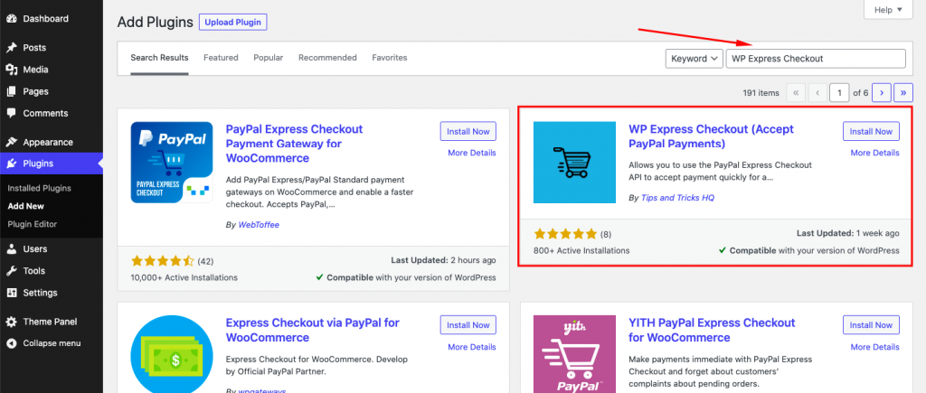 Search WP Express Checkout