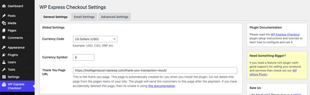 WP Express Checkout General Settings Customization