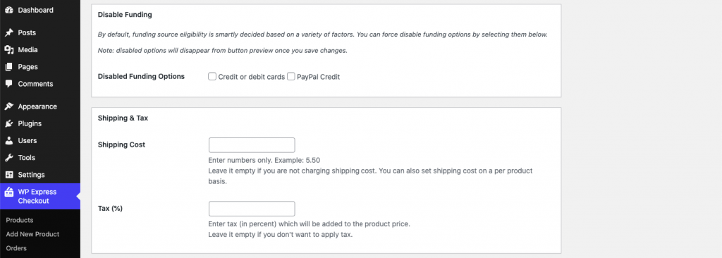 WP Express Checkout General Settings Customization