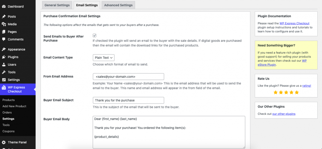 WP Express Checkout Email Settings Customization