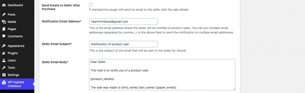 WP Express Checkout Email Settings Customization