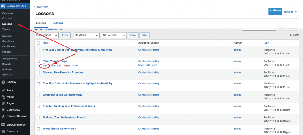 LearnDash Course Lesson Editing