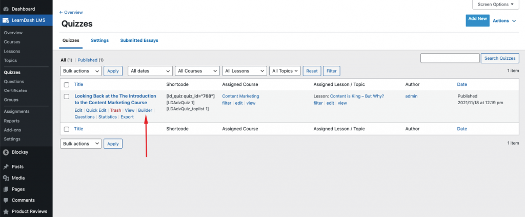 LearnDash Course Quiz Editing