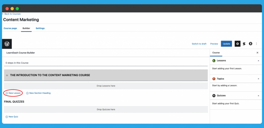 LearnDash Course New Lesson Adding