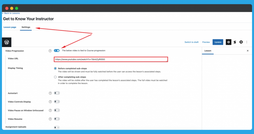 LearnDash Lesson Settings