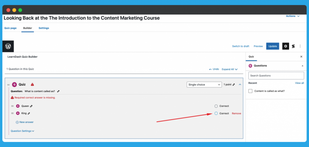 LearnDash Course Quiz Editing