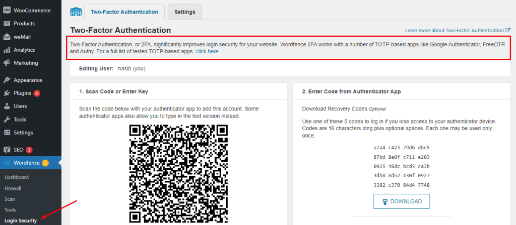 Activate 2FA Security- Wordfence