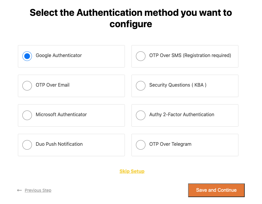 Select the Google authenticator method 