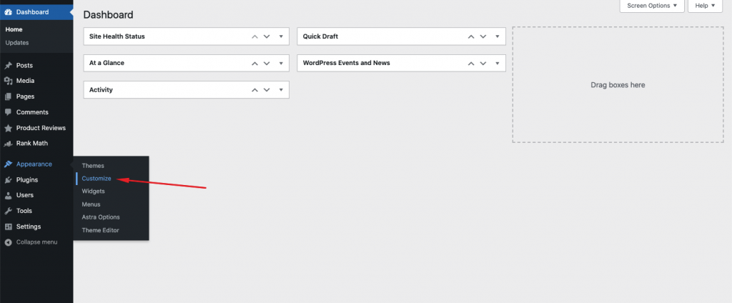 Navigating to WordPress Customizer