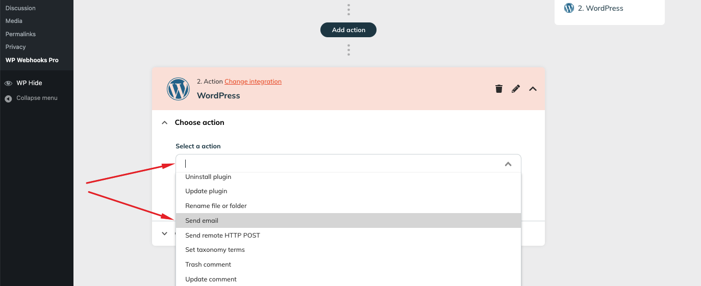 WP Webhooks Action Selection