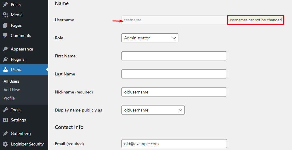 WordPress Usernames Cannot Be Changed