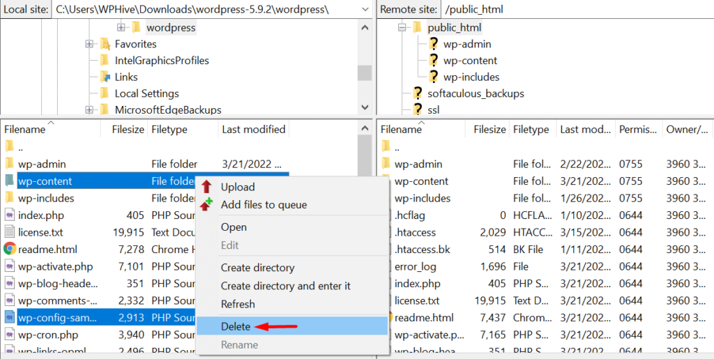 Delete the wp-config File & wp-content folder from Local Site