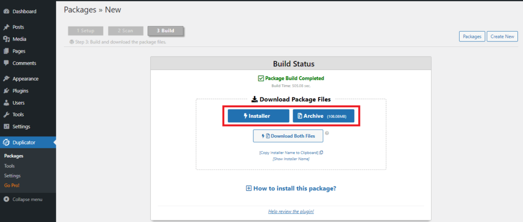 Download Package/Site Data from Duplicator