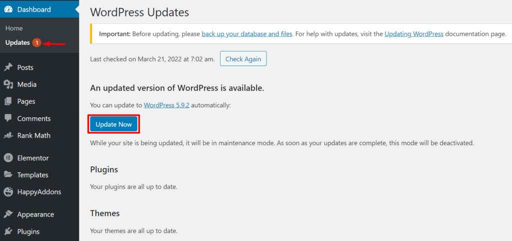 Update WordPress Manually from the Dashboard