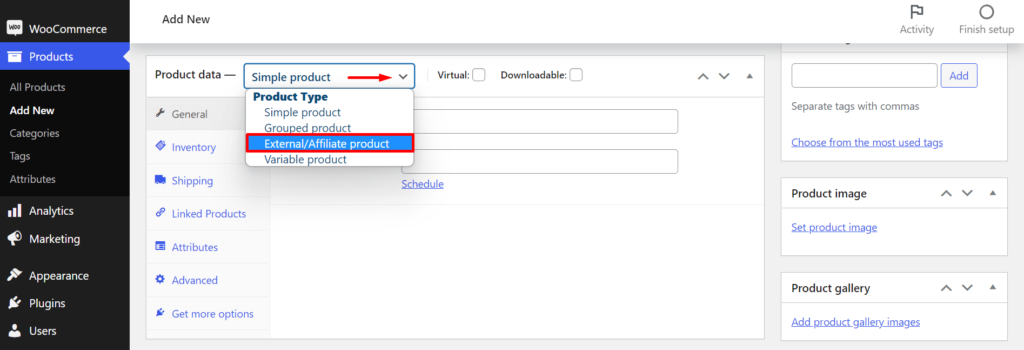 Select Affiliate product type in WooCommerce