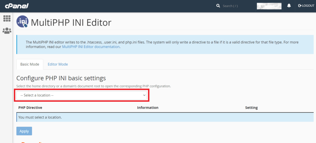 Select Domain on MultiPHP INI Editor