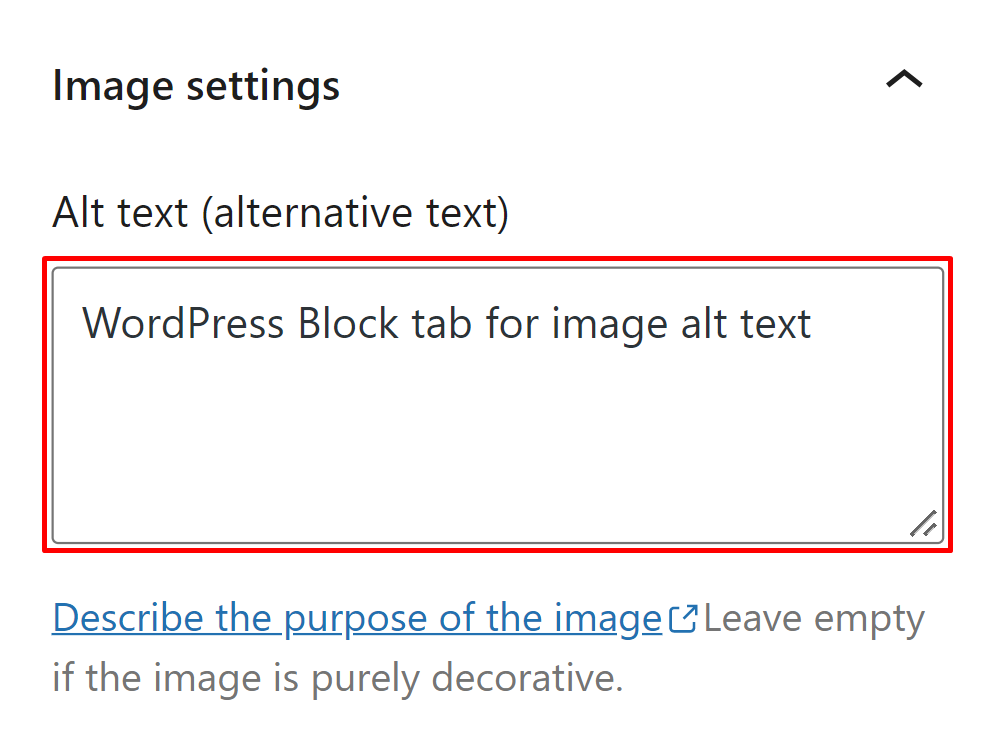 Image alt text box for WordPress image block