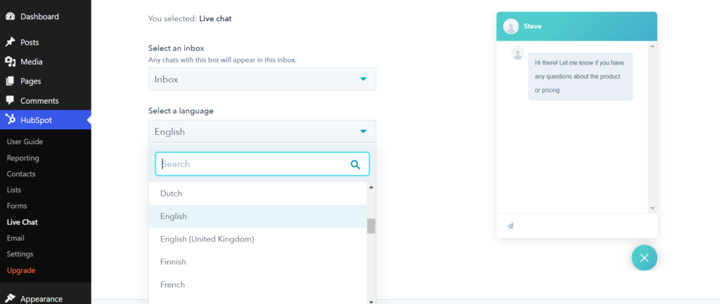 Hubspot live chat language