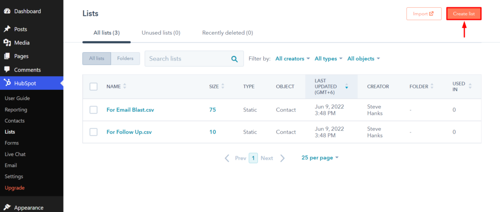 Hubspot list creation