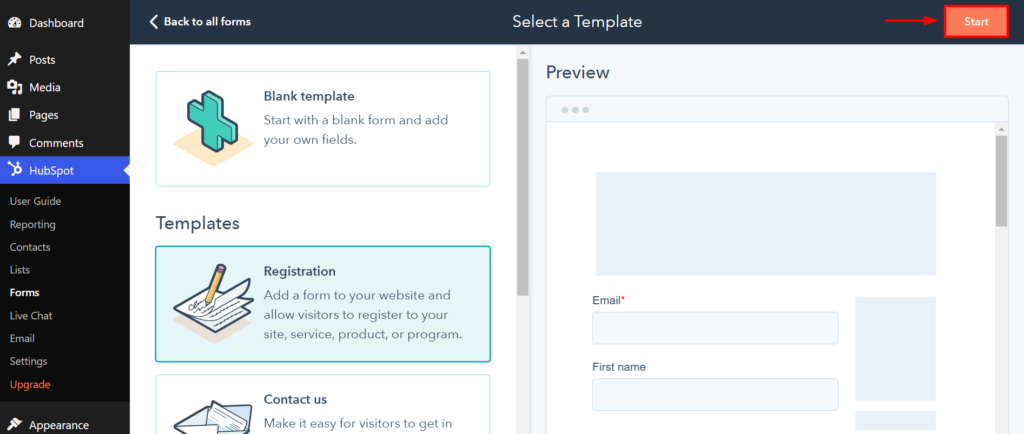 Hubspot form template type