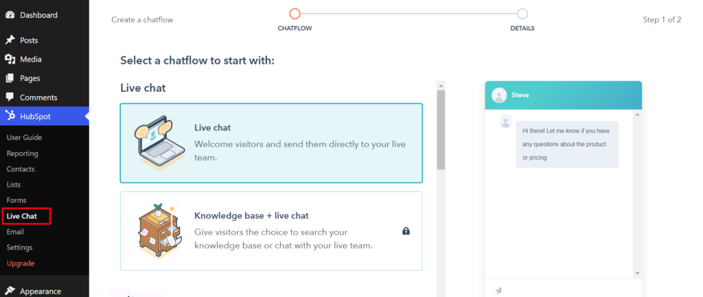 Hubspot live chat type selection