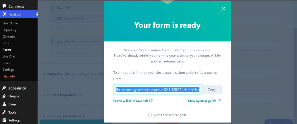 Hubspot form creation