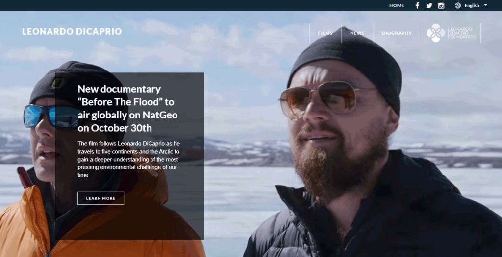Example of Portfolio Website: Homepage of Leonardo DiCaprio
