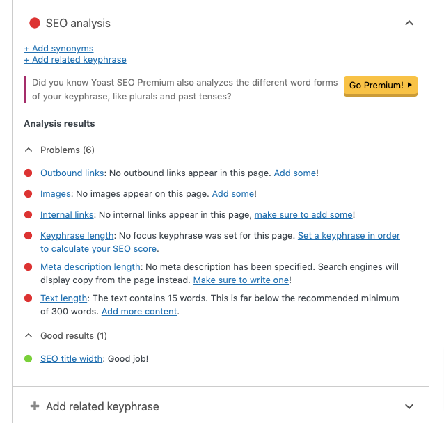 Yoast SEO analysis