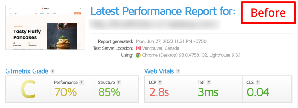 Before Using Powered Cache Performance Test using GTMetrix