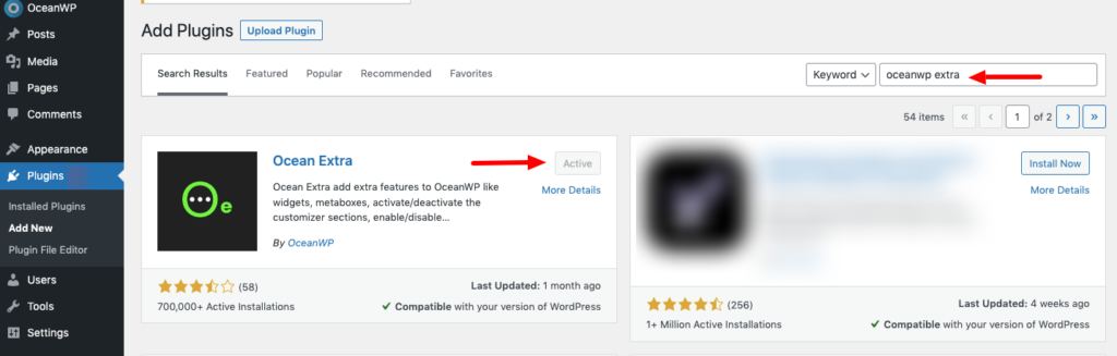An image of how you can install and activate Ocean Extra plugin 