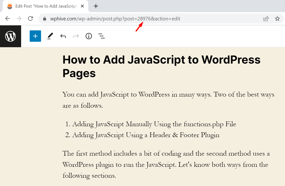 Post ID of How to Add JavaScript to WordPress Pages