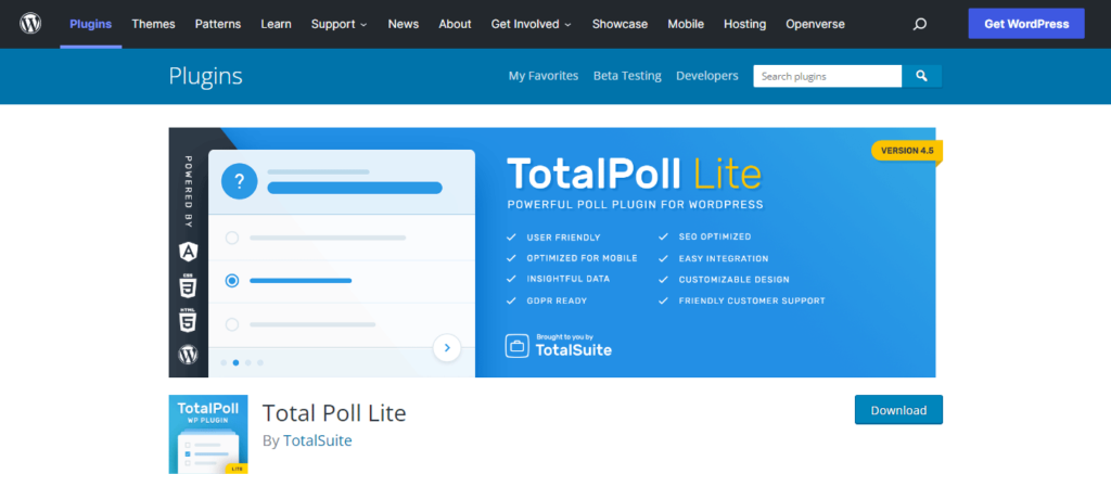 Snap of Total Poll Lite plugin on WordPress.org